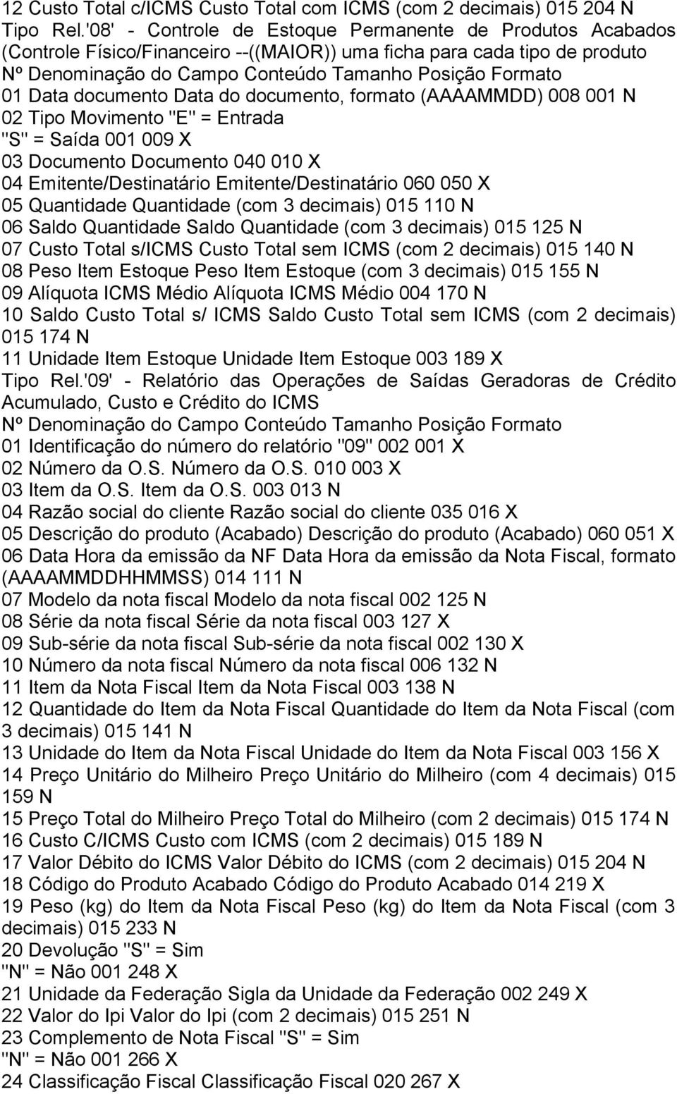 02 Tipo Movimento "E" = Entrada "S" = Saída 001 009 X 03 Documento Documento 040 010 X 04 Emitente/Destinatário Emitente/Destinatário 060 050 X 05 Quantidade Quantidade (com 3 decimais) 015 110 06