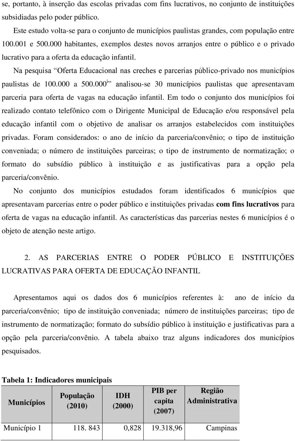 000 habitantes, exemplos destes novos arranjos entre o público e o privado lucrativo para a oferta da educação infantil.