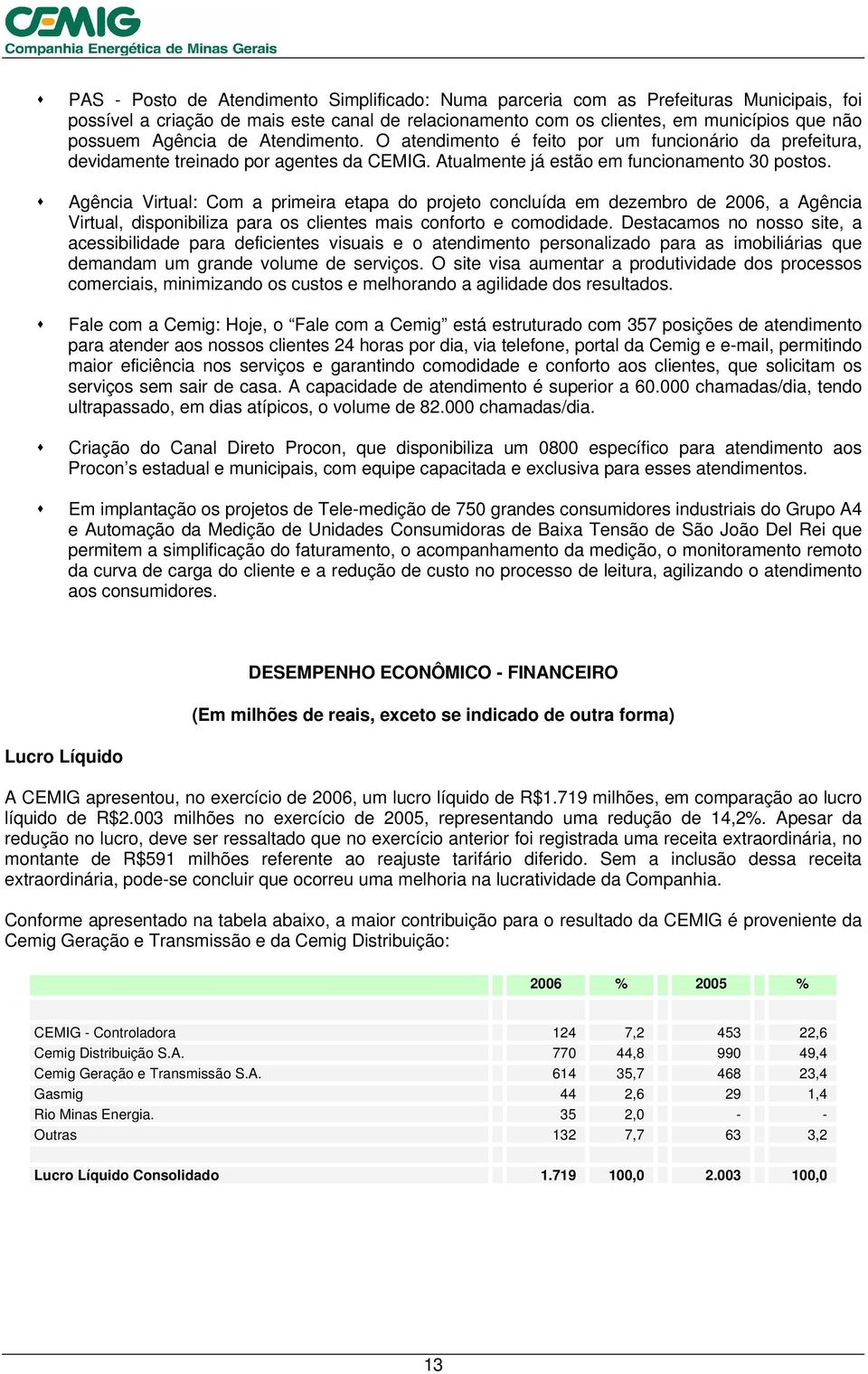 Agência Virtual: Com a primeira etapa do projeto concluída em dezembro de 2006, a Agência Virtual, disponibiliza para os clientes mais conforto e comodidade.