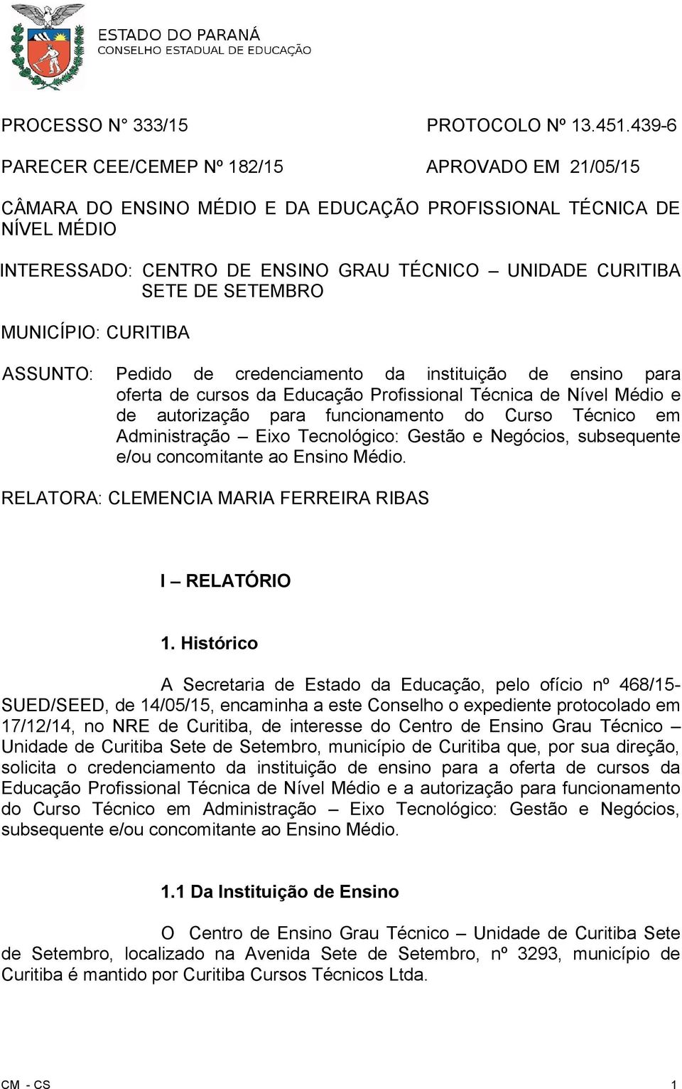 SETEMBRO MUNICÍPIO: CURITIBA ASSUNTO: Pedido de credenciamento da instituição de ensino para oferta de cursos da Educação Profissional Técnica de Nível Médio e de autorização para funcionamento do