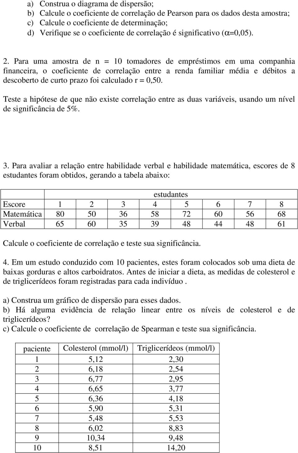 . Paa uma amosta de n 10 tomadoes de empéstimos em uma companhia financeia, o coeficiente de coelação ente a enda familia média e débitos a descobeto de cuto pazo foi calculado 0,50.