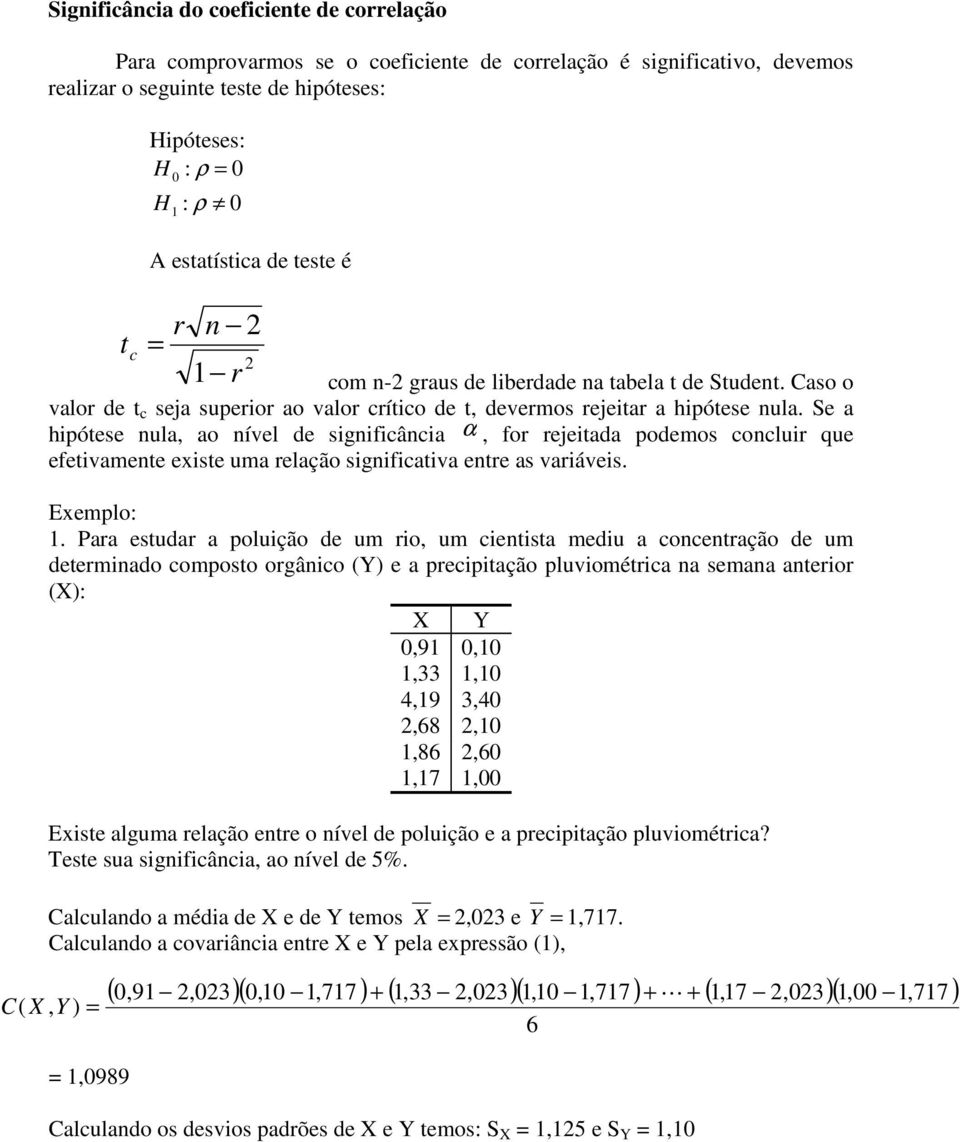 Se a hipótese nula, ao nível de significância α, fo ejeitada podemos conclui que efetivamente existe uma elação significativa ente as vaiáveis. Exemplo: 1.