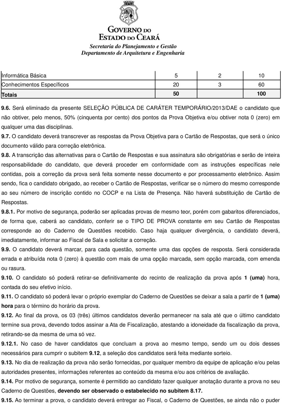 Será eliminado da presente SELEÇÃO PÚBLICA DE CARÁTER TEMPORÁRIO/2013/DAE o candidato que não obtiver, pelo menos, 50% (cinquenta por cento) dos pontos da Prova Objetiva e/ou obtiver nota 0 (zero) em