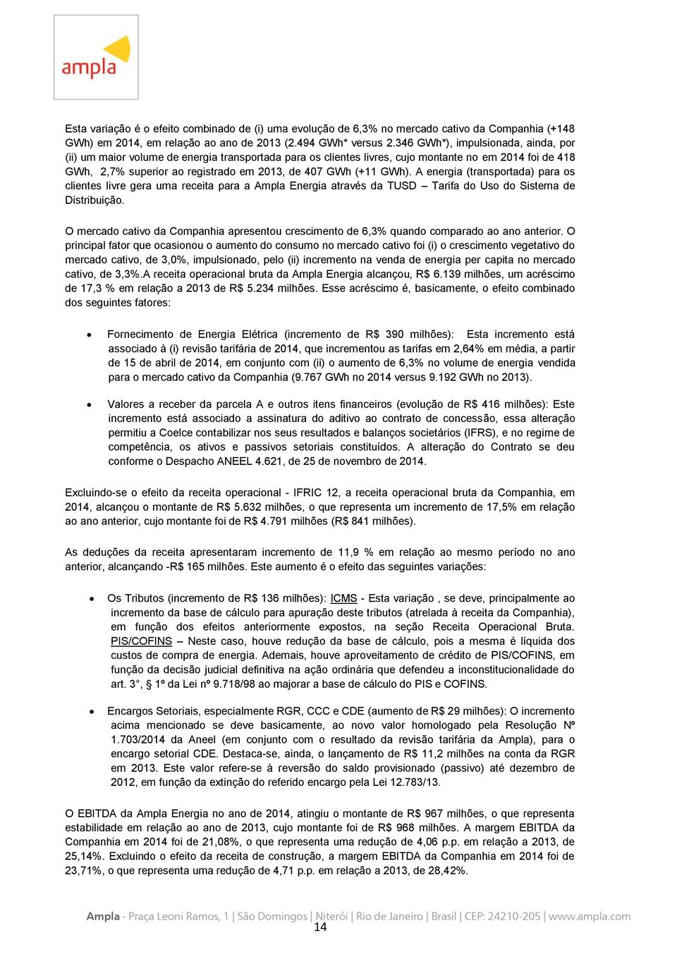 GWh). A energia (transportada) para os clientes livre gera uma receita para a Ampla Energia através da TUSD Tarifa do Uso do Sistema de Distribuição.