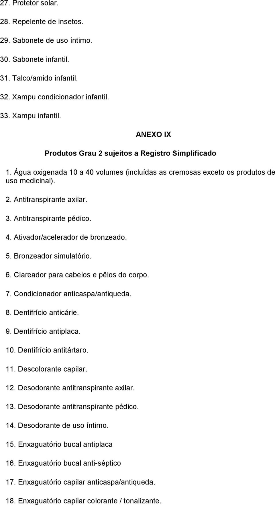 Antitranspirante pédico. 4. Ativador/acelerador de bronzeado. 5. Bronzeador simulatório. 6. Clareador para cabelos e pêlos do corpo. 7. Condicionador anticaspa/antiqueda. 8. Dentifrício anticárie. 9.