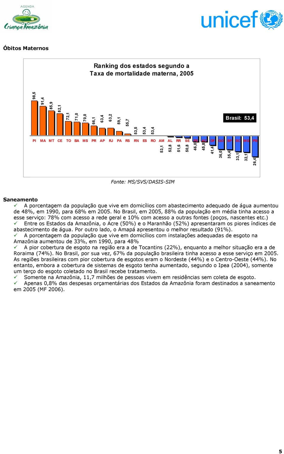 No Brasil, em 2005, 88% da população em média tinha acesso a esse serviço: 78% com acesso a rede geral e 10% com acesso a outras fontes (poços, nascentes etc.