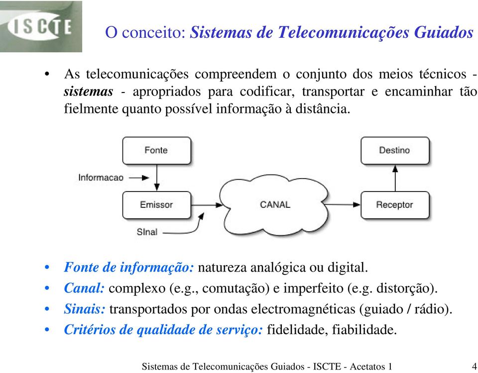 Fonte de informação: natureza analógica ou digital. Canal: complexo (e.g., comutação) e imperfeito (e.g. distorção).