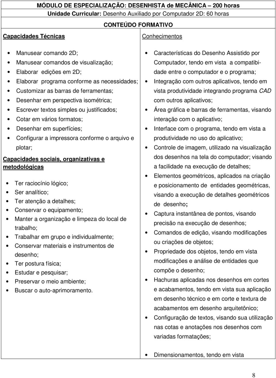 ou justificados; Cotar em vários formatos; Desenhar em superfícies; Configurar a impressora conforme o arquivo e plotar; Capacidades sociais, organizativas e metodológicas Ter raciocínio lógico; Ser