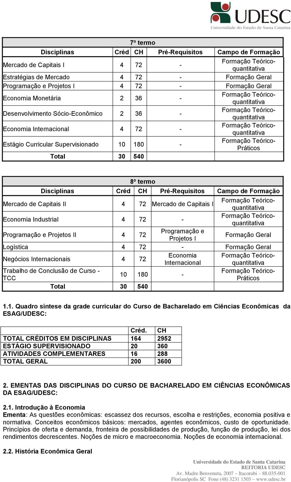 Programação e Projetos II 4 72 Programação e Projetos I Formação Geral Logística 4 72 - Formação Geral Negócios Internacionais 4 72 Economia Internacional Trabalho de Conclusão de Curso - Formação