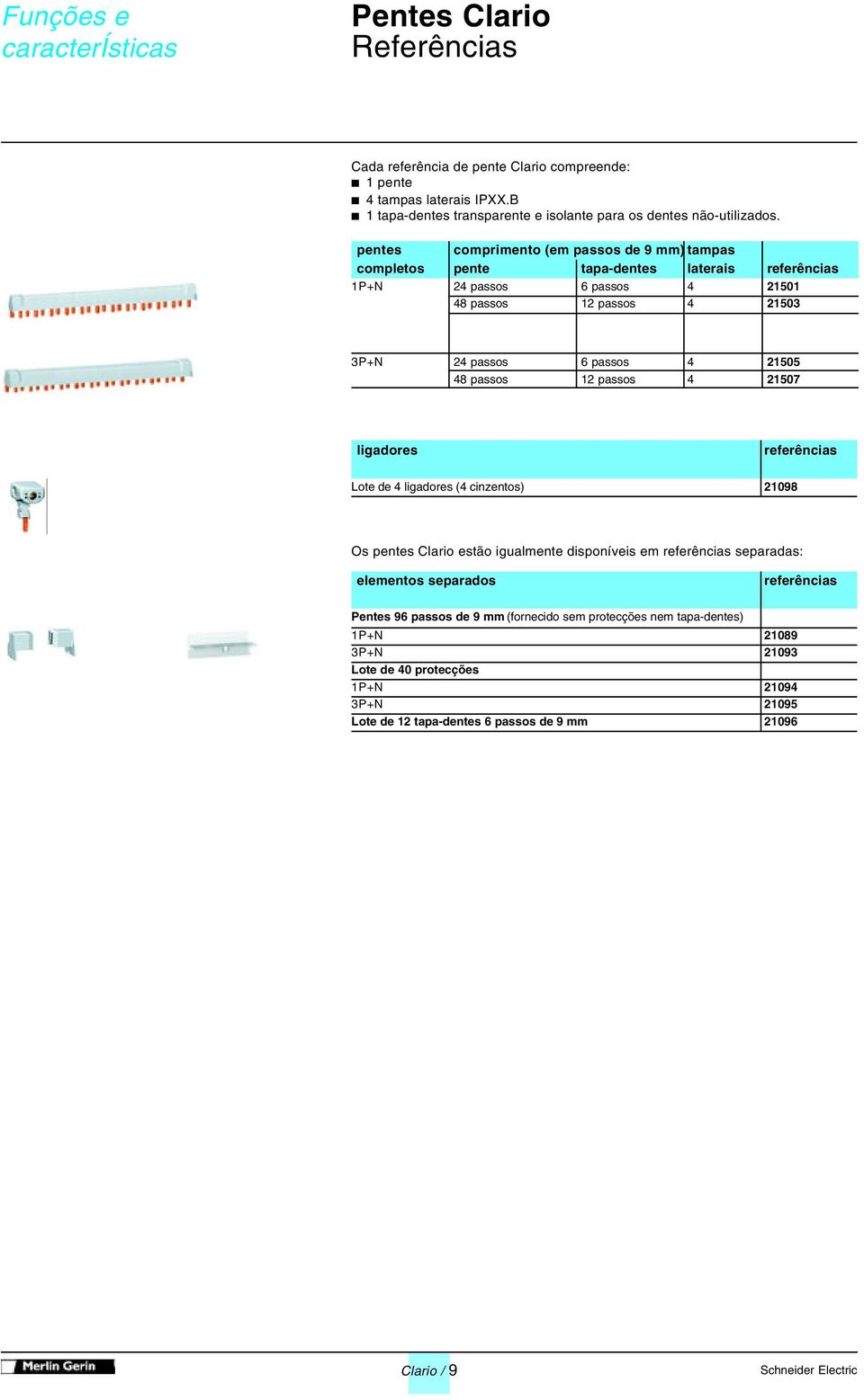 pentes comprimento (em passos de 9 mm) tampas completos pente tapa-dentes laterais referências 1P+N 24 passos 6 passos 4 21501 48 passos 12 passos 4 21503 3P+N 24 passos 6 passos 4 21505 48