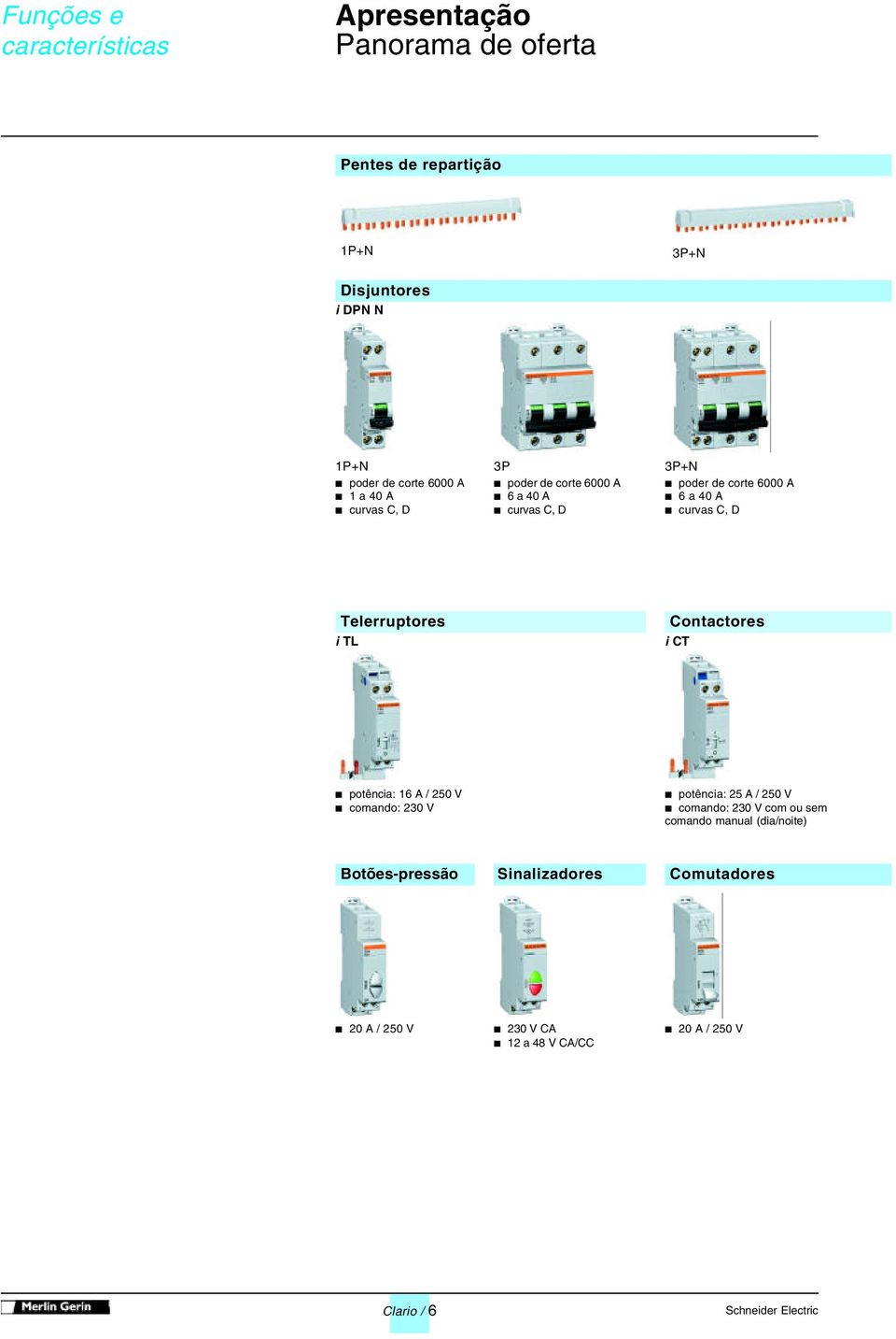 Telerruptores i TL Contactores i CT b potência: 16 A / 250 V b comando: 230 V b potência: 25 A / 250 V b comando: 230 V com ou