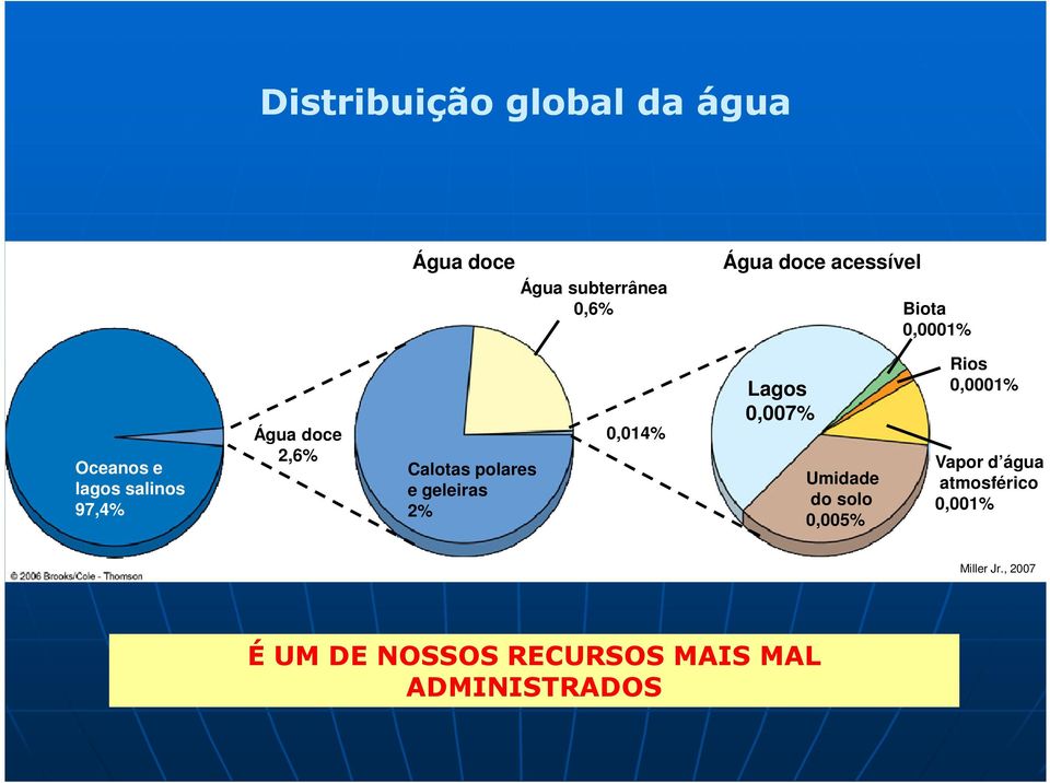 geleiras 2% 0,014% Lagos 0,007% Umidade do solo 0,005% Rios 0,0001% Vapor d