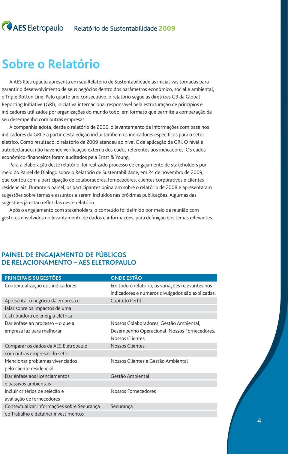 Pelo quarto ano consecutivo, o relatório segue as diretrizes G3 da Global Reporting Initiative (GRI), iniciativa internacional responsável pela estruturação de princípios e indicadores utilizados por