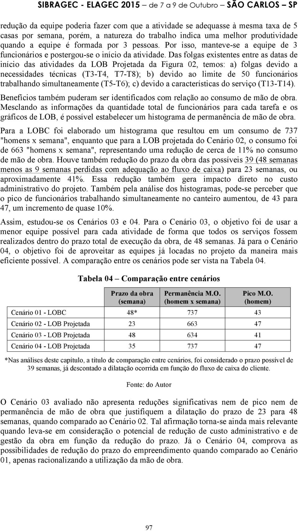 Das folgas existentes entre as datas de início das atividades da LOB Projetada da Figura 02, temos: a) folgas devido a necessidades técnicas (T3-T4, T7-T8); b) devido ao limite de 50 funcionários