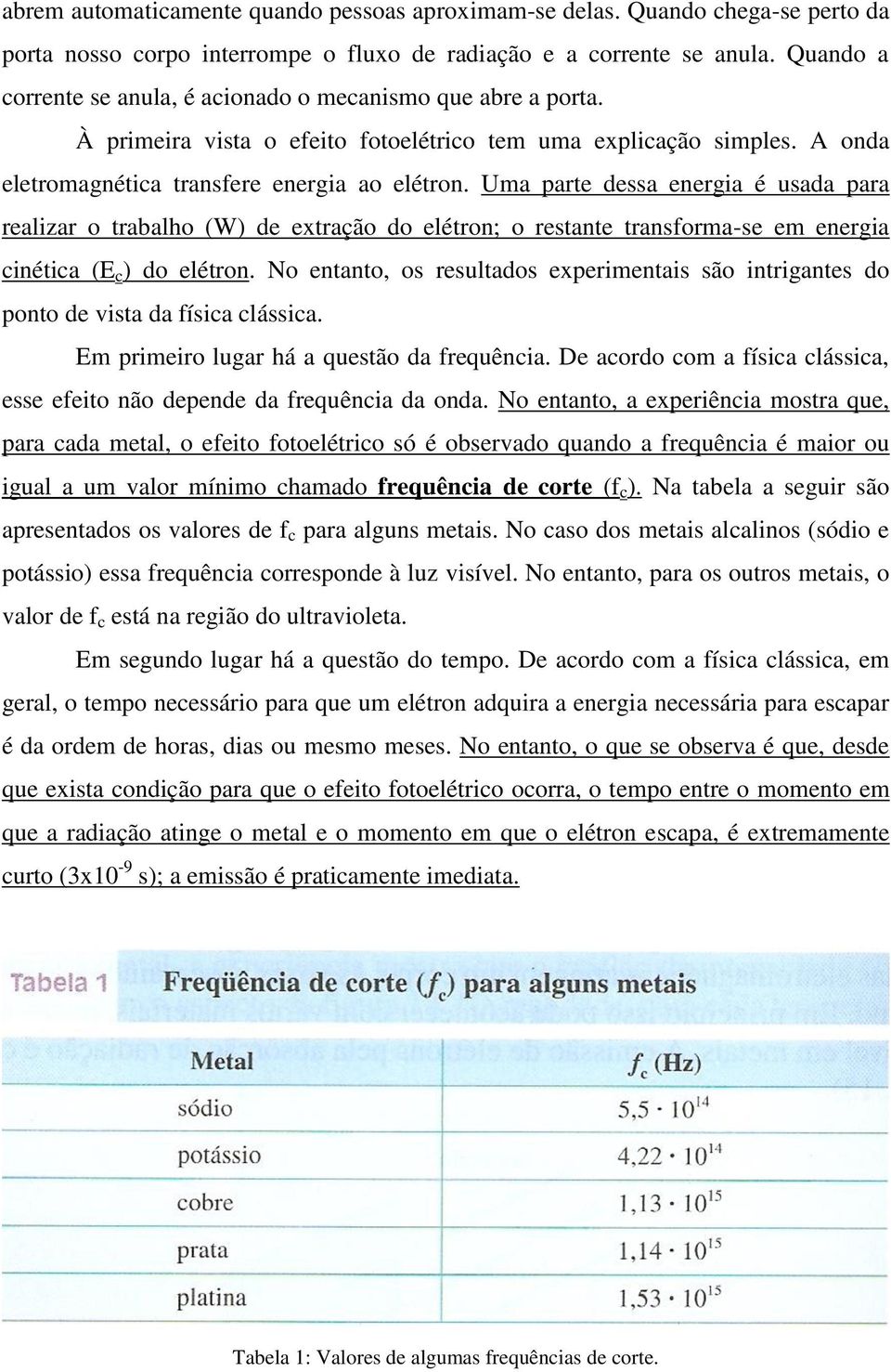 Uma parte dessa energia é usada para realizar o trabalho (W) de extração do elétron; o restante transforma-se em energia cinética (E c ) do elétron.