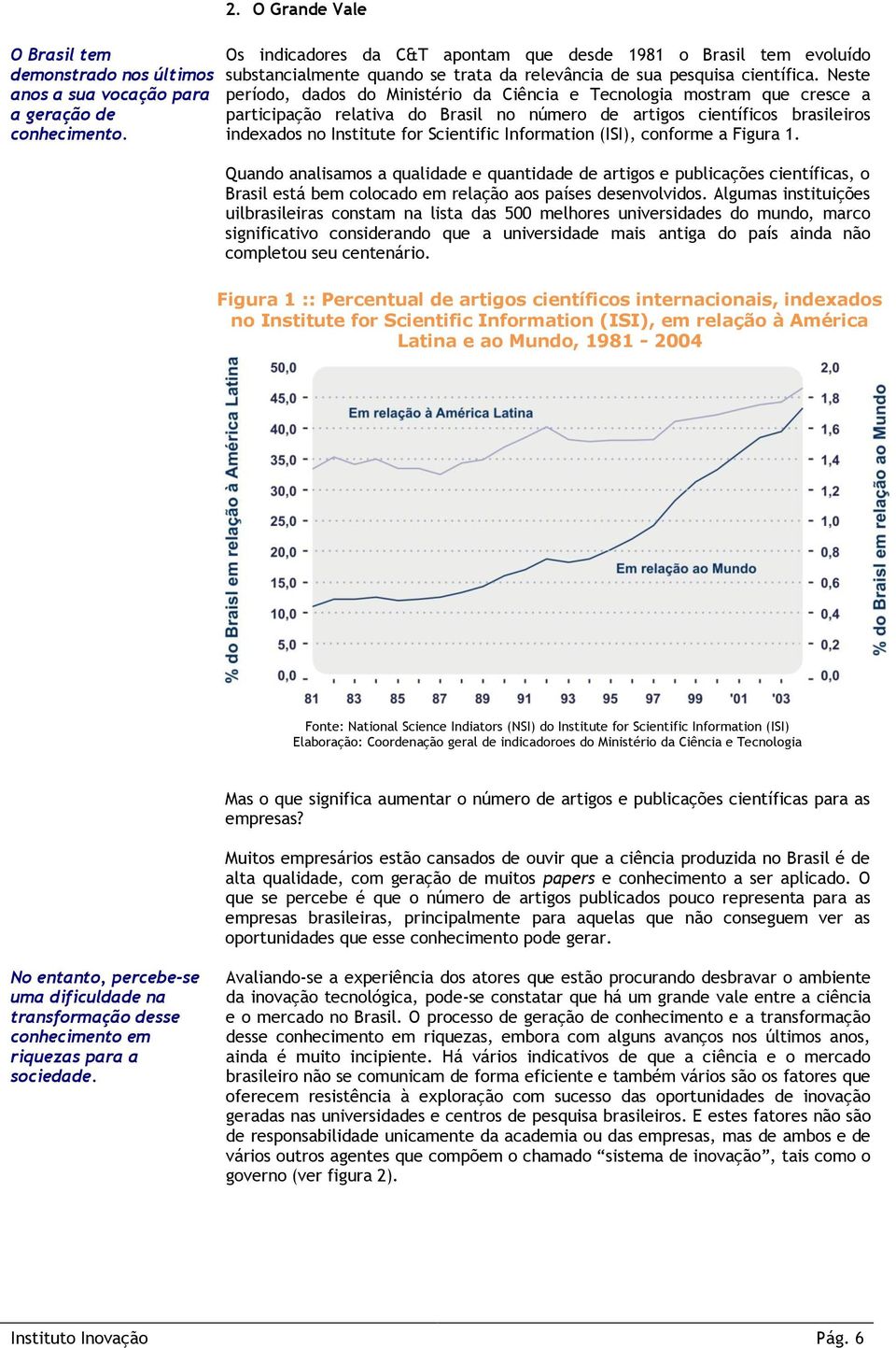 Neste período, dados do Ministério da Ciência e Tecnologia mostram que cresce a participação relativa do Brasil no número de artigos científicos brasileiros indexados no Institute for Scientific