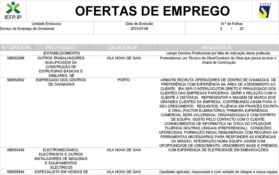 Pretendemos um Técnico de Obra/Condutor de Obra que possa assinar o Alvará de Construção ARMATIS RECRUTA OPERADORES DE CENTRO DE CHAMADAS, DE PREFERÊNCIA COM EXPERIÊNCIA NA ÁREA DE ATENDIMENTO AO