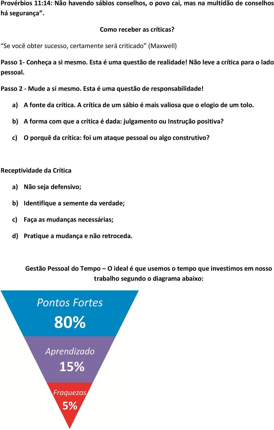 Esta é uma questão de responsabilidade! a) A fonte da crítica. A crítica de um sábio é mais valiosa que o elogio de um tolo. b) A forma com que a crítica é dada: julgamento ou Instrução positiva?