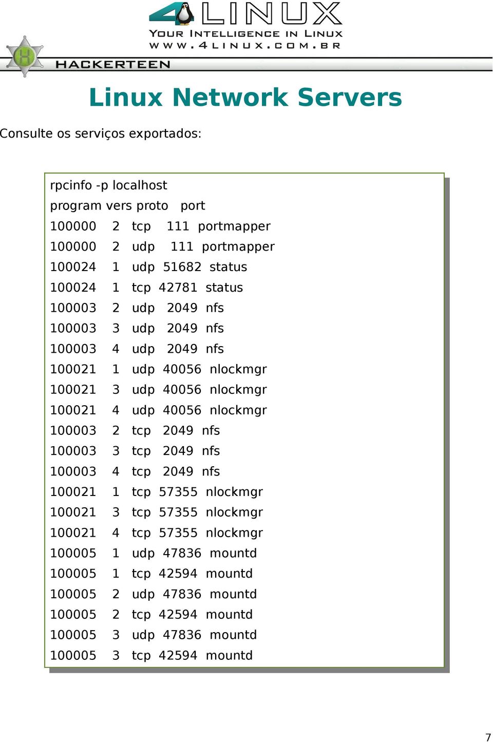 40056 nlockmgr 100003 2 tcp 2049 nfs 100003 3 tcp 2049 nfs 100003 4 tcp 2049 nfs 100021 1 tcp 57355 nlockmgr 100021 3 tcp 57355 nlockmgr 100021 4 tcp 57355