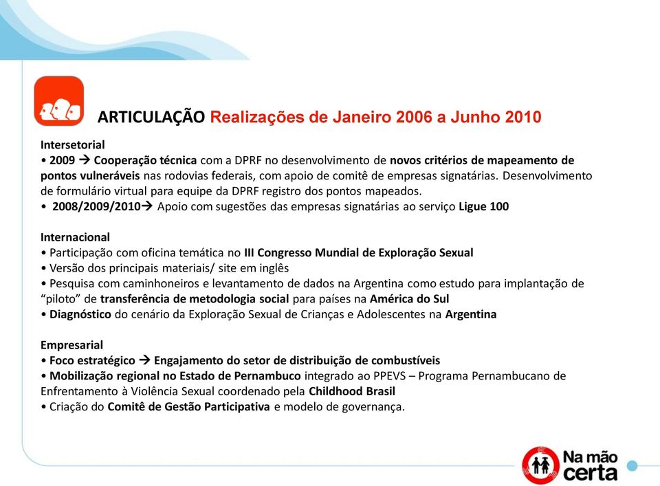 2008/2009/2010 Apoio com sugestões das empresas signatárias ao serviço Ligue 100 Internacional Participação com oficina temática no III Congresso Mundial de Exploração Sexual Versão dos principais