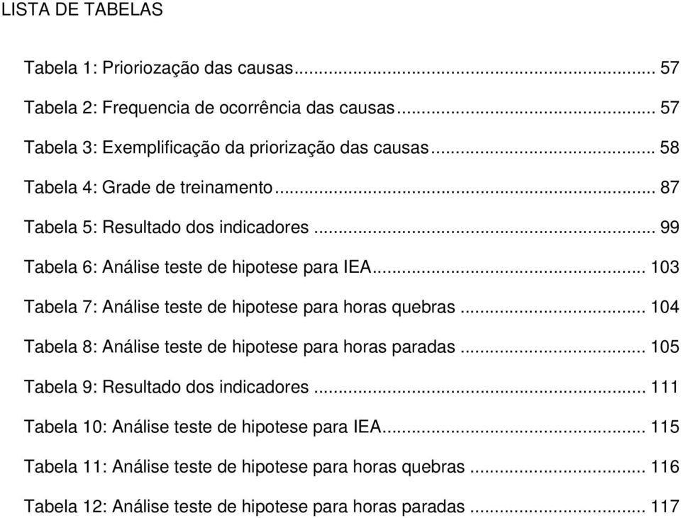 .. 103 Tabela 7: Análise teste de hipotese para horas quebras... 104 Tabela 8: Análise teste de hipotese para horas paradas.