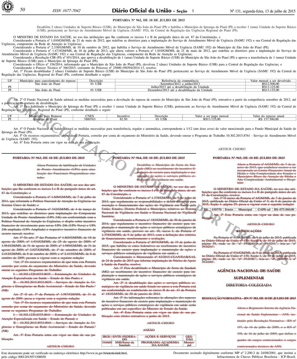 O MINISTRO DE ESTADO DA SAÚDE, no uso das atribuições que lhe conferem os incisos I e II do parágrafo único do art. 87 da Constituição, e Considerando a Portaria nº.