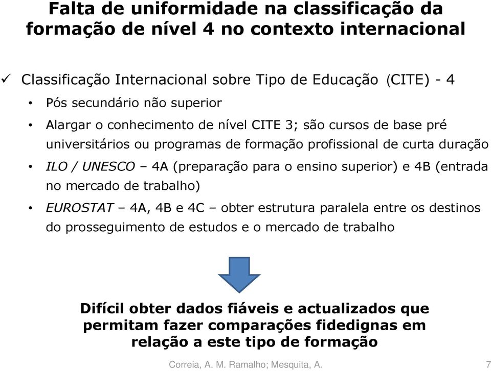 ILO / UNESCO 4A (preparação para o ensino superior) e 4B (entrada no mercado de trabalho) EUROSTAT 4A, 4B e 4C obter estrutura paralela entre os destinos do