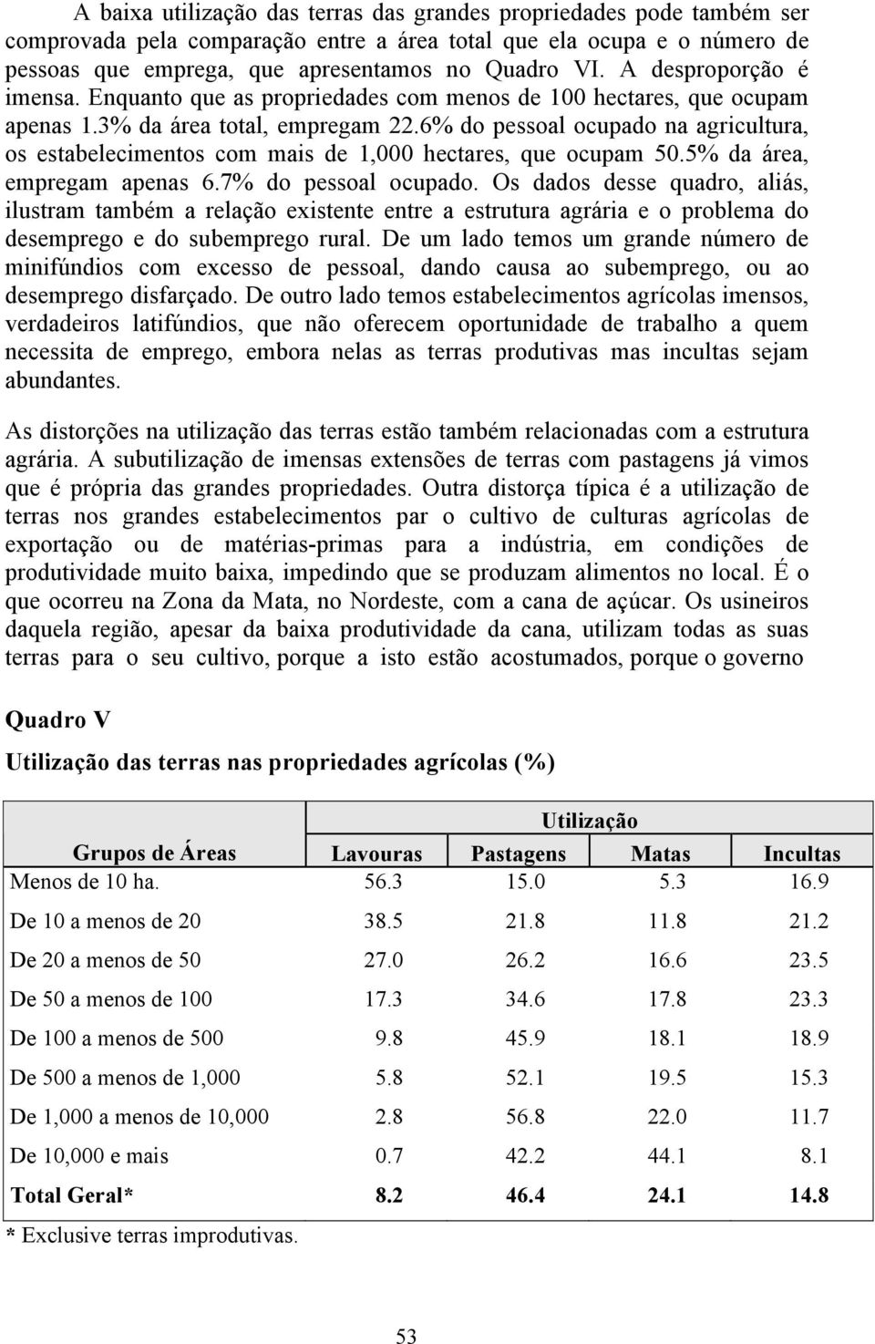 6% do pessoal ocupado na agricultura, os estabelecimentos com mais de 1,000 hectares, que ocupam 50.5% da área, empregam apenas 6.7% do pessoal ocupado.