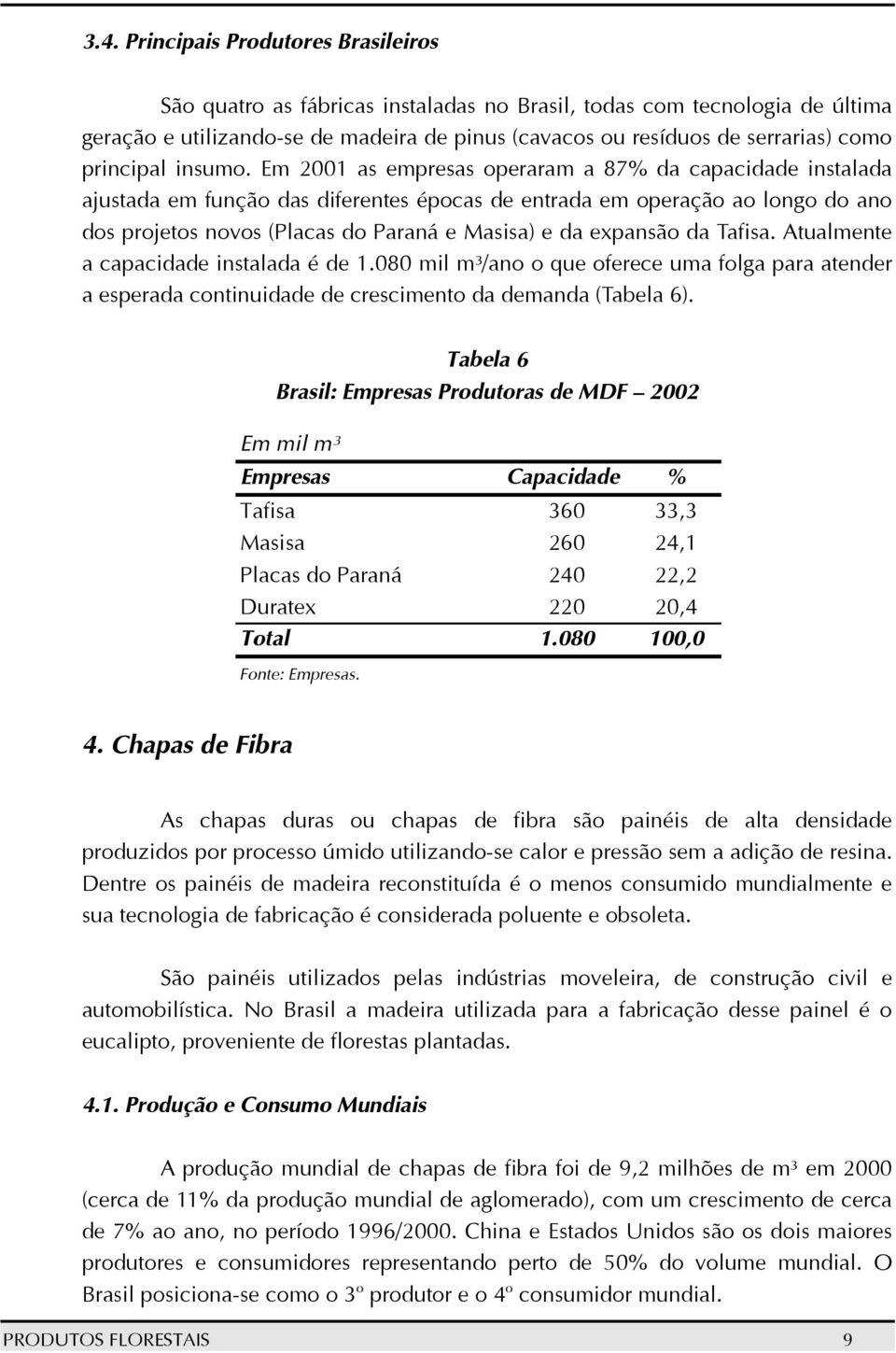 Em 2001 as empresas operaram a 87% da capacidade instalada ajustada em função das diferentes épocas de entrada em operação ao longo do ano dos projetos novos (Placas do Paraná e Masisa) e da expansão