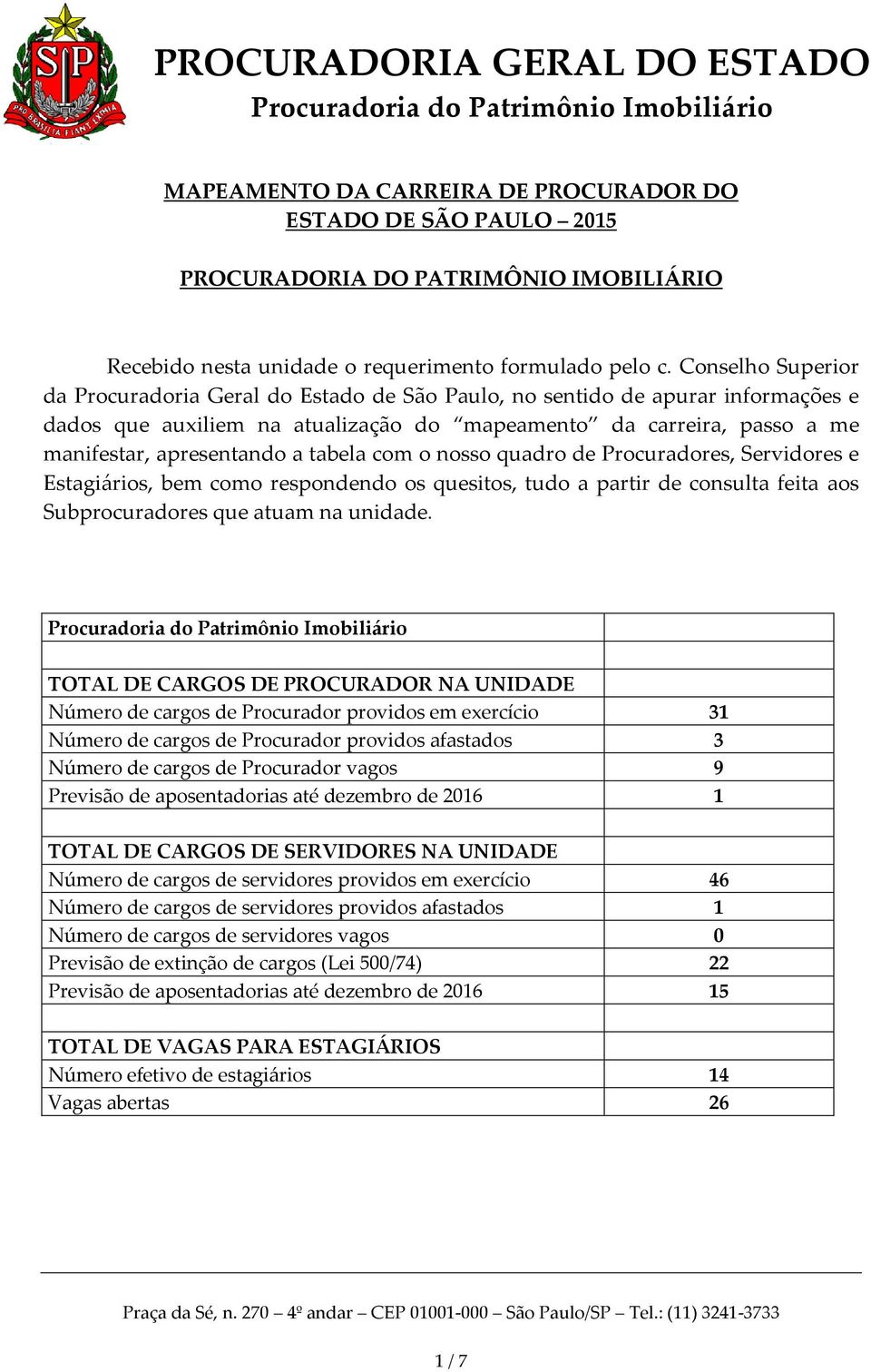 tabela com o nosso quadro de Procuradores, Servidores e Estagiários, bem como respondendo os quesitos, tudo a partir de consulta feita aos Subprocuradores que atuam na unidade.