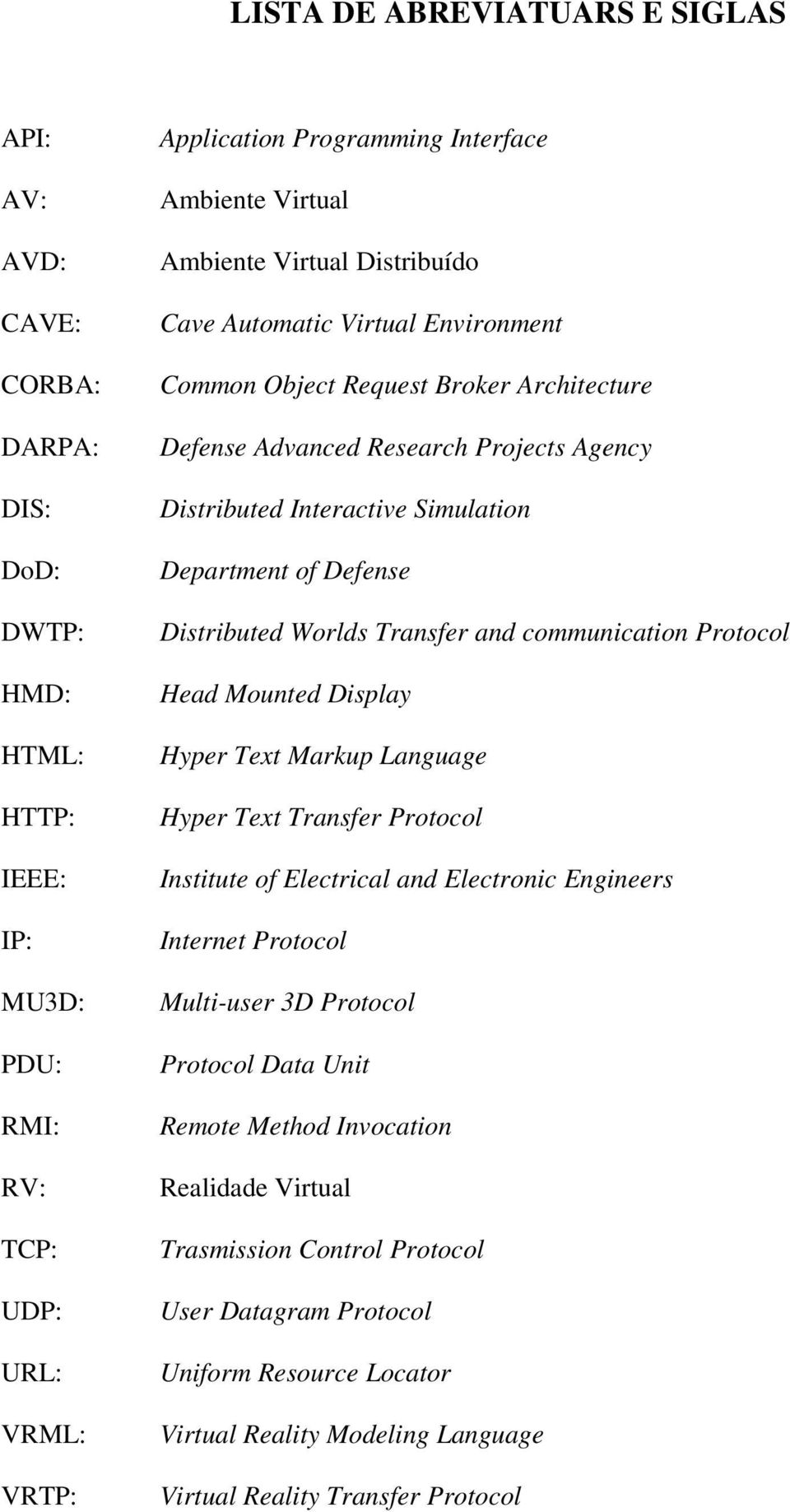 Department of Defense Distributed Worlds Transfer and communication Protocol Head Mounted Display Hyper Text Markup Language Hyper Text Transfer Protocol Institute of Electrical and Electronic