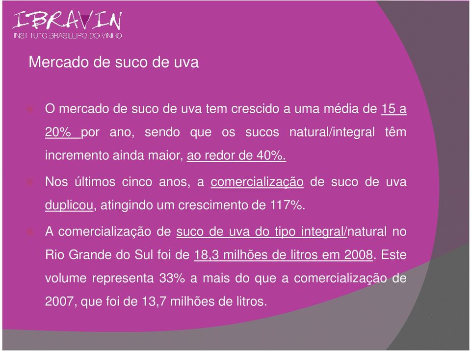 Nos últimos cinco anos, a comercialização de suco de uva duplicou, atingindo um crescimento de 117%.