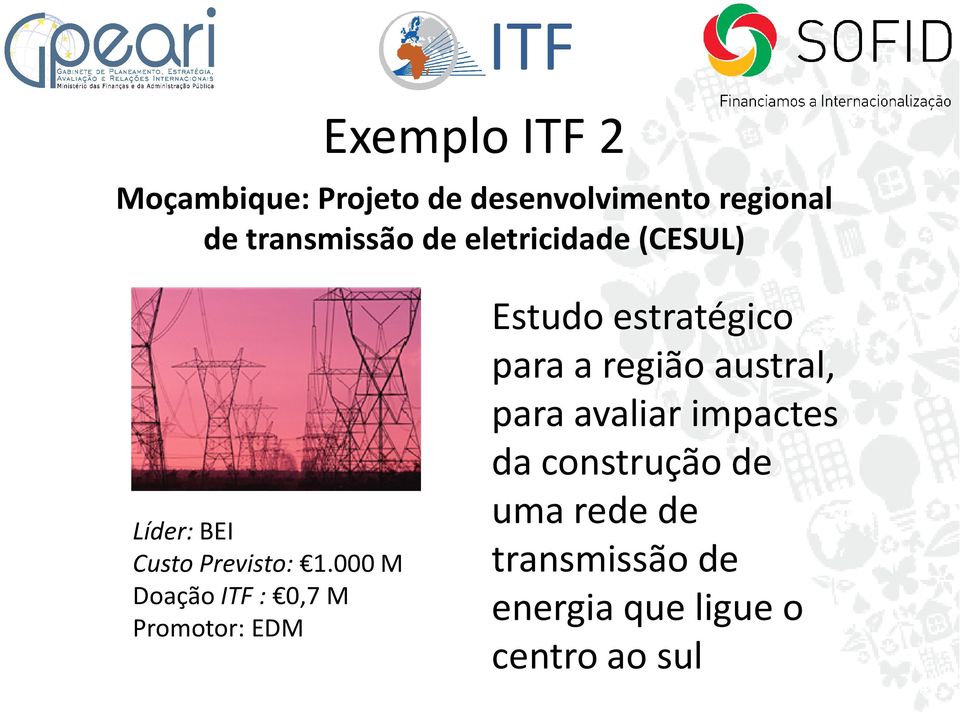 000 M Doação ITF : 0,7 M Promotor: EDM Estudo estratégico para a região