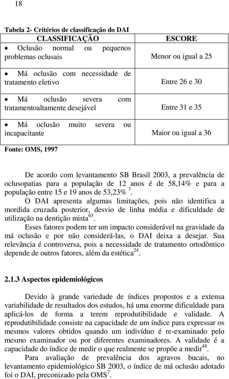 de oclusopatias para a população de 12 anos é de 58,14% e para a população entre 15 e 19 anos de 53,23% 7.