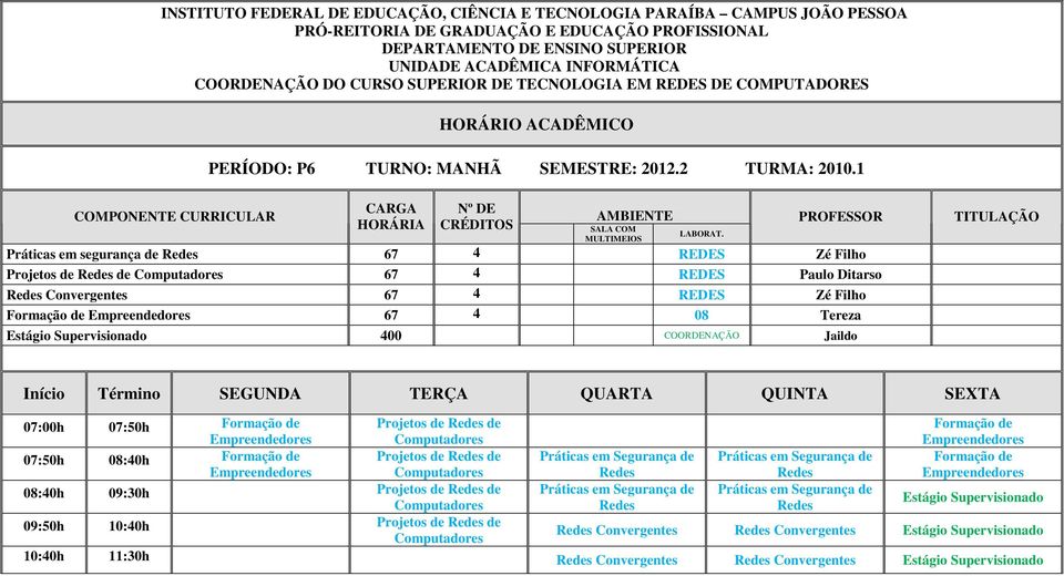 400 COORDENAÇÃO Jaildo 07:00h 07:50h Formação de Projetos de de Formação de 07:50h 08:40h Formação de Projetos de de Práticas em Segurança de Práticas em Segurança de