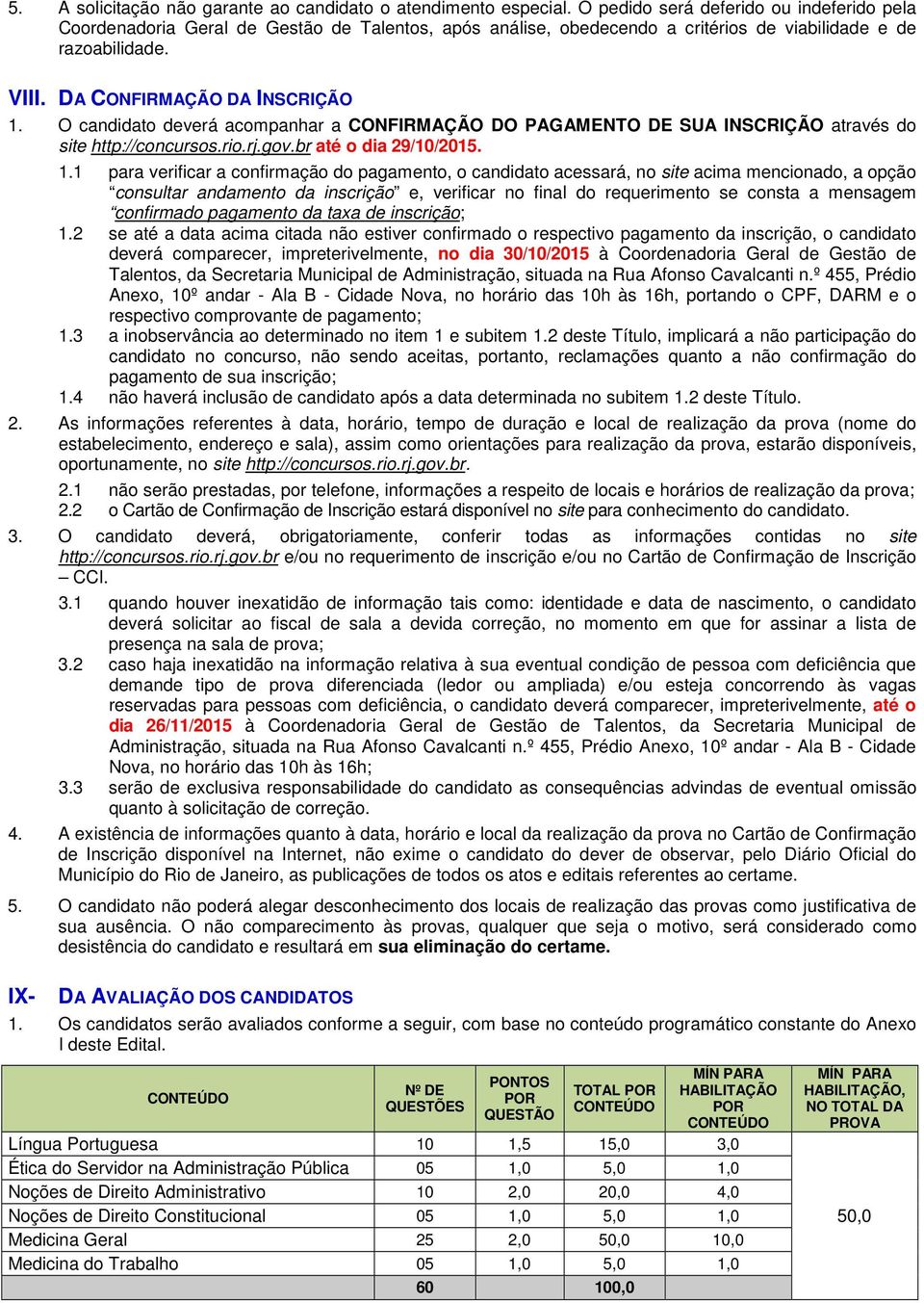 O candidato deverá acompanhar a CONFIRMAÇÃO DO PAGAMENTO DE SUA INSCRIÇÃO através do site http://concursos.rio.rj.gov.br até o dia 29/10/2015. 1.