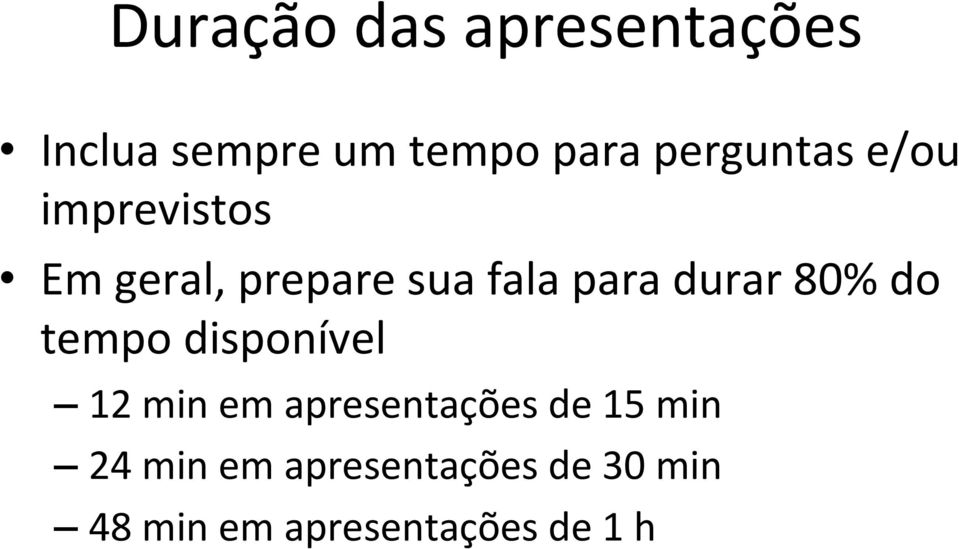 durar 80% do tempo disponível 12 min em apresentações de 15