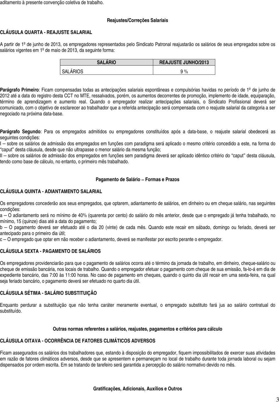 sobre os salários vigentes em 1º de maio de 2013, da seguinte forma: SALÁRIO REAJUSTE JUNHO/2013 SALÁRIOS 9 % Parágrafo Primeiro: Ficam compensadas todas as antecipações salariais espontâneas e