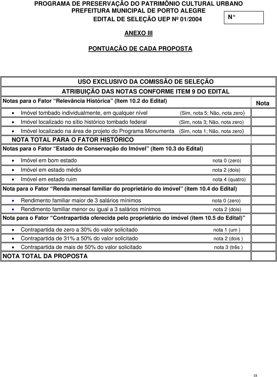 2 do Edital) Imóvel tombado individualmente, em qualquer nível (Sim, nota 5; Não, nota zero) Imóvel localizado no sítio histórico tombado federal (Sim, nota 3; Não, nota zero) Imóvel localizado na