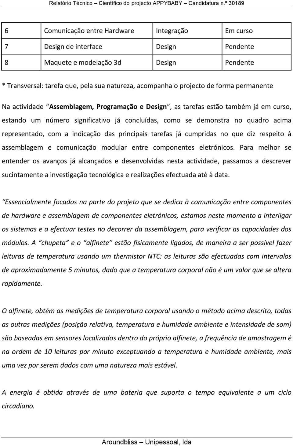 com a indicação das principais tarefas já cumpridas no que diz respeito à assemblagem e comunicação modular entre componentes eletrónicos.