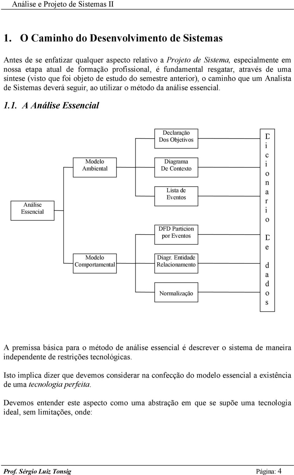 1. A Análise Essencial Análise Essencial Modelo Ambiental Modelo Comportamental Declaração Dos Objetivos Diagrama De Contexto Lista de Eventos DFD Particion por Eventos Diagr.