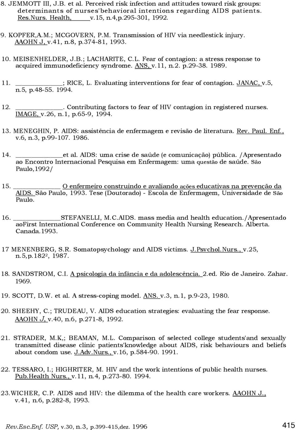 ER, J.B.; LACHARITE, C.L. Fear of contagion: a stress response to acquired immunodeficiency syndrome. ANS, v.11, n.2. p.29-38. 1989. 11. ; RICE, L. Evaluating interventions for fear of contagion.