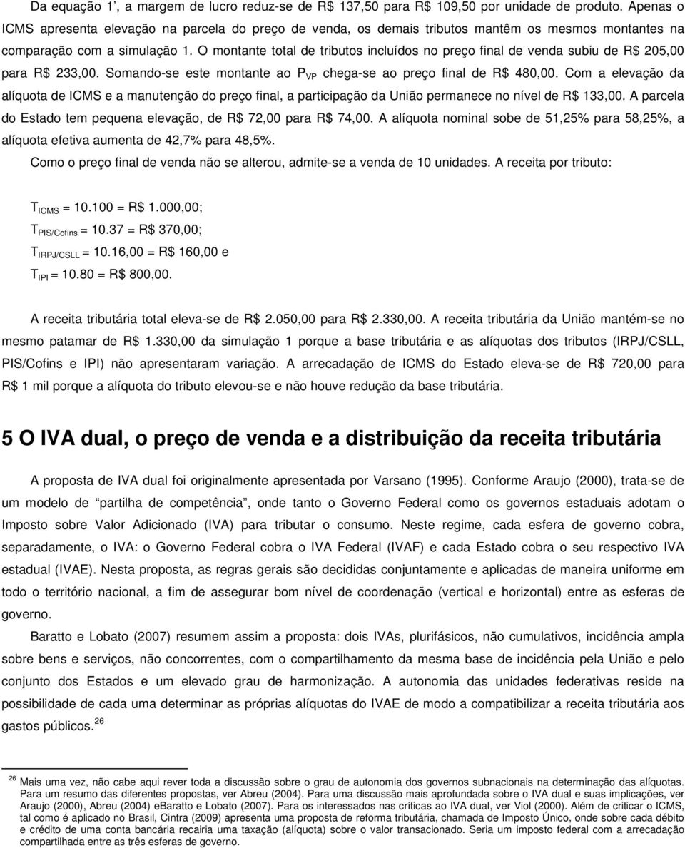 O montante total de tributos incluídos no preço final de venda subiu de R$ 205,00 para R$ 233,00. Somando-se este montante ao P VP chega-se ao preço final de R$ 480,00.