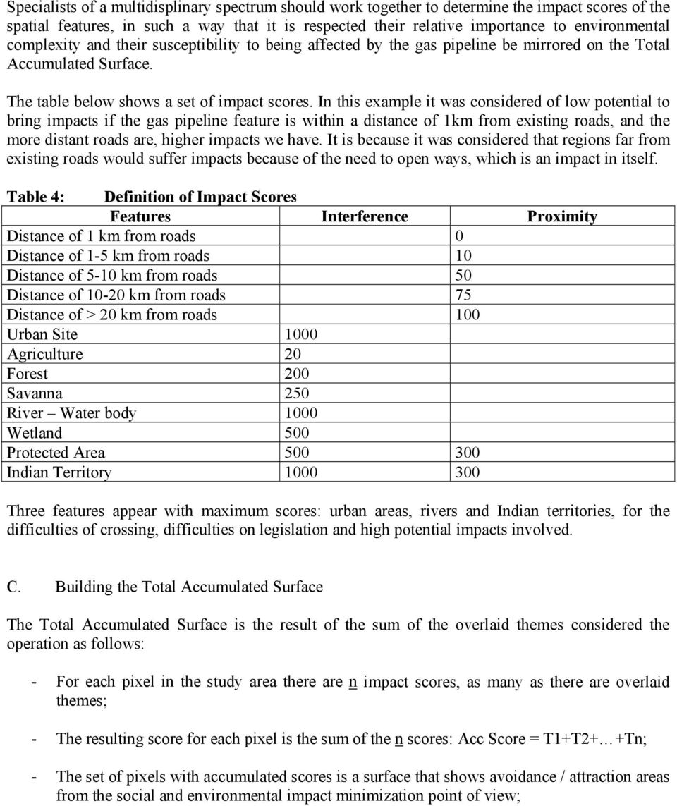 In this eample it was considered of low potential to bring impacts if the gas pipeline feature is within a distance of 1km from eisting roads, and the more distant roads are, higher impacts we have.