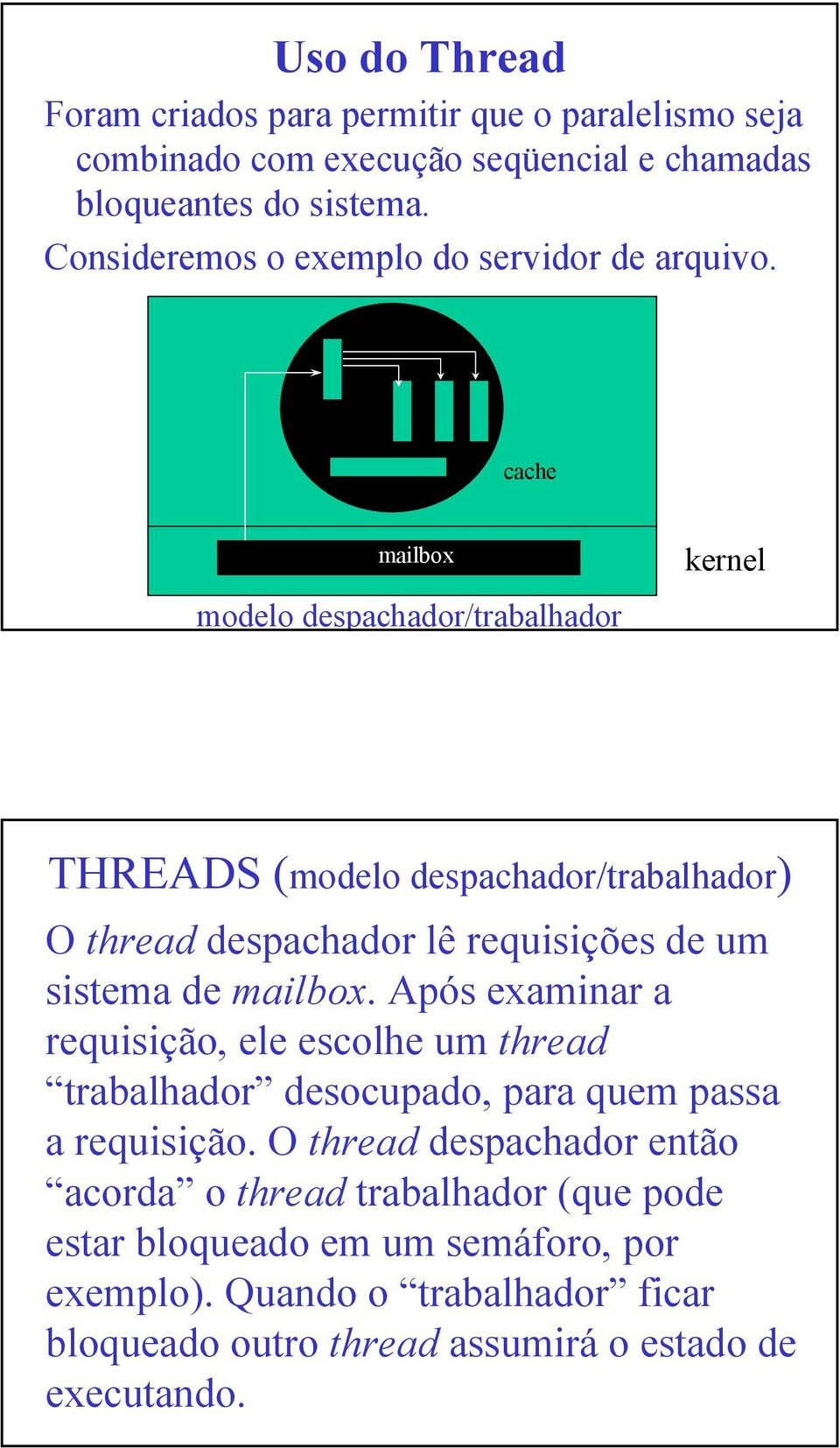 cache mailbox kernel modelo despachador/trabalhador THREADS (modelo despachador/trabalhador) O thread despachador lê requisições de um sistema de mailbox.