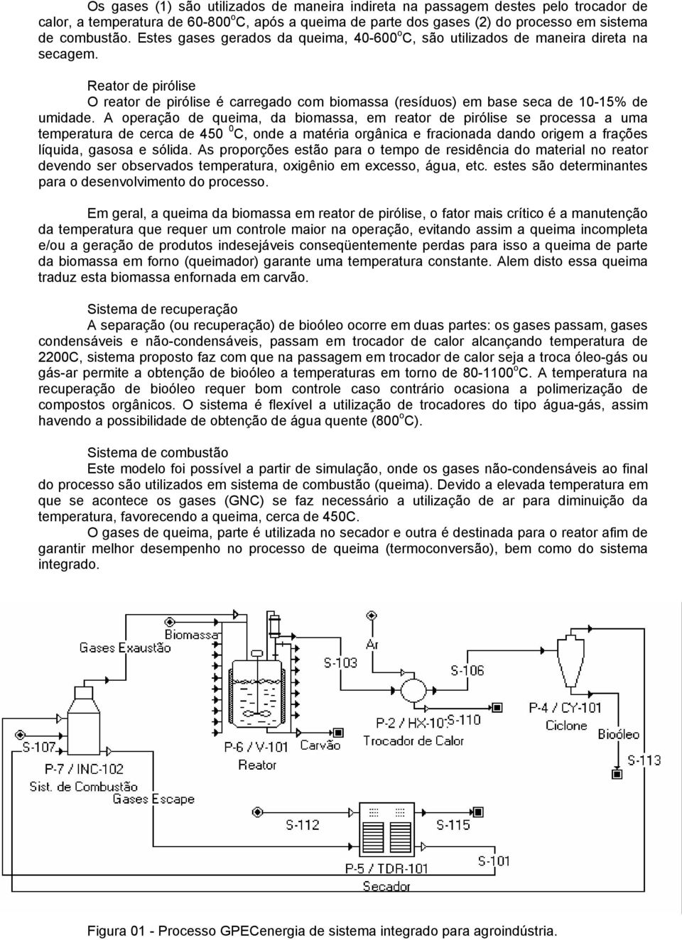 A operação de queima, da biomassa, em reator de pirólise se processa a uma temperatura de cerca de 450 0 C, onde a matéria orgânica e fracionada dando origem a frações líquida, gasosa e sólida.