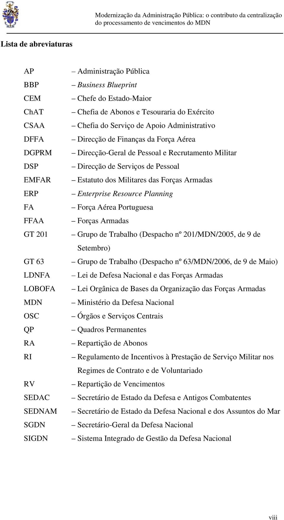Serviços de Pessoal Estatuto dos Militares das Forças Armadas Enterprise Resource Planning Força Aérea Portuguesa Forças Armadas Grupo de Trabalho (Despacho nº 201/MDN/2005, de 9 de Setembro) Grupo