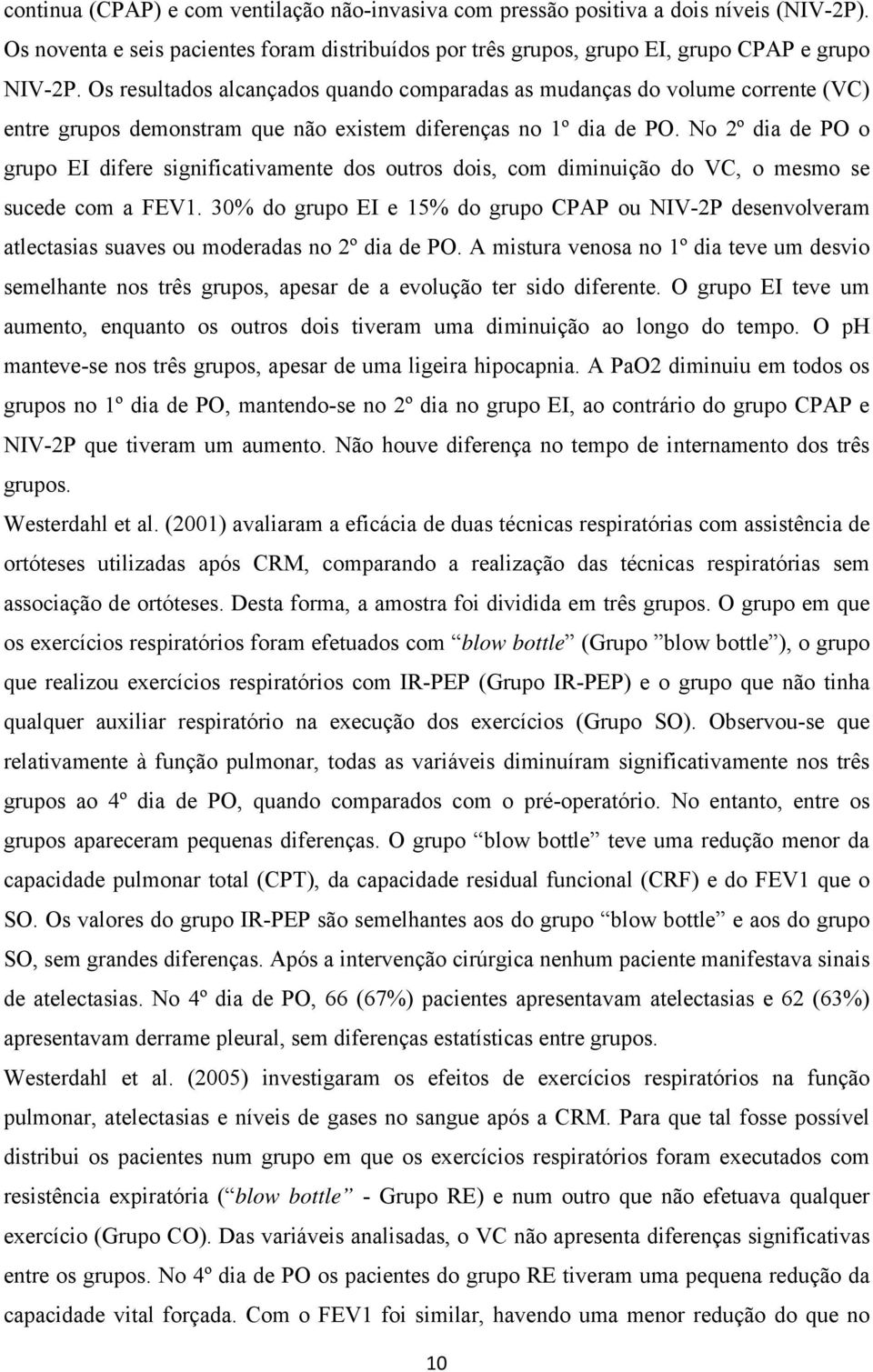 No 2º dia de PO o grupo EI difere significativamente dos outros dois, com diminuição do VC, o mesmo se sucede com a FEV1.