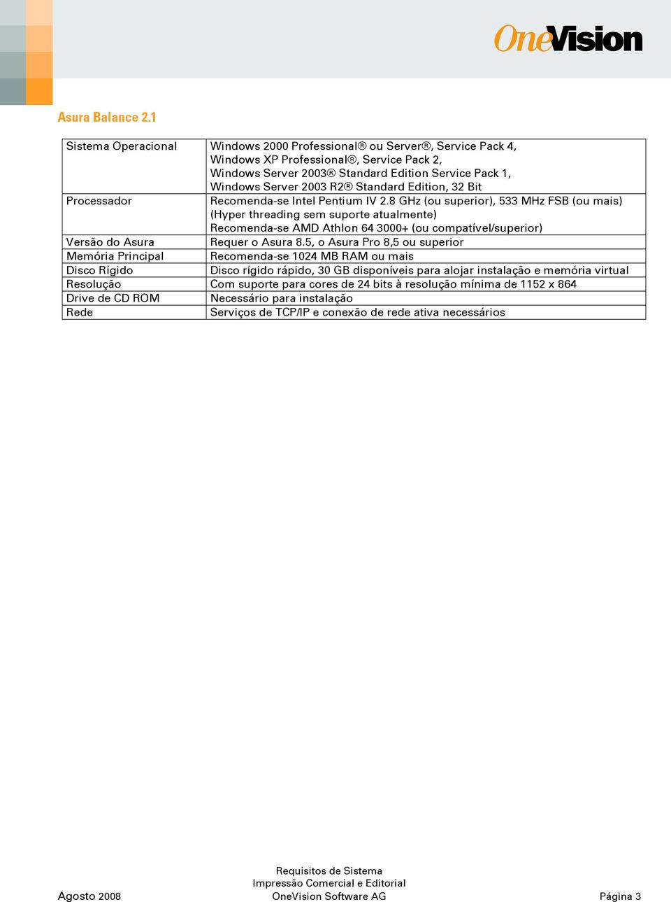 R2 Standard Edition, 32 Bit Recomenda-se Intel Pentium IV 2.