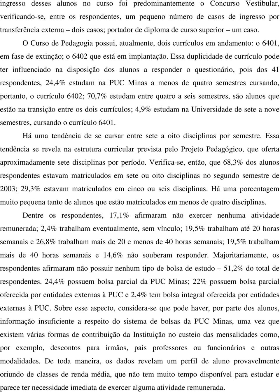 Essa duplicidade de currículo pode ter influenciado na disposição dos alunos a responder o questionário, pois dos 41 respondentes, 24,4% estudam na PUC Minas a menos de quatro semestres cursando,